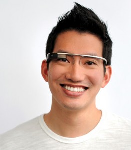 Man wearing Google Project Glass eye-ware