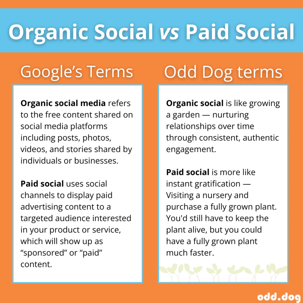 Table explaining the difference between organic vs paid social