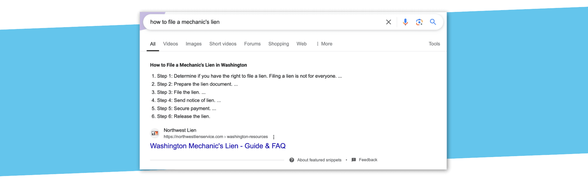 Screenshot of Northwest Lien blog post appearing #1 in search rankings, on blue background